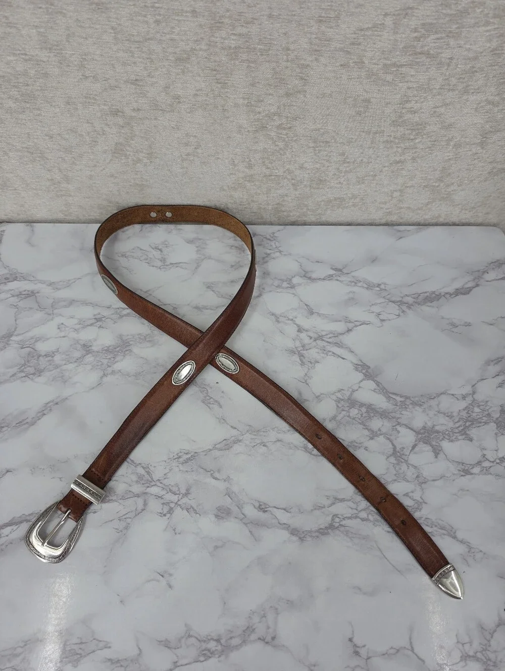 Vintage Brown Leather Western Concho Men's Belt with Silver Tone Buckle Aztec